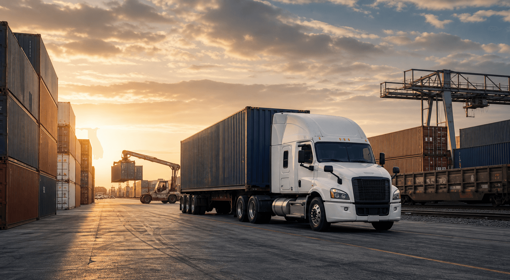 Intermodal yard with containers and a truck at warm daylight